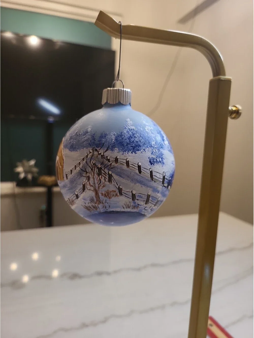 Vtg Glass Hand Painted Signed Ornament EUC Winter Snow Day Farm Scene 3.5” OOAK